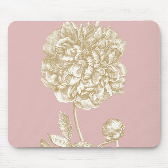 Peony Flower Botanical, Pink and Gold Mouse Mat (Front)