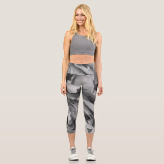 Peony flower closeup black & grey capri leggings
