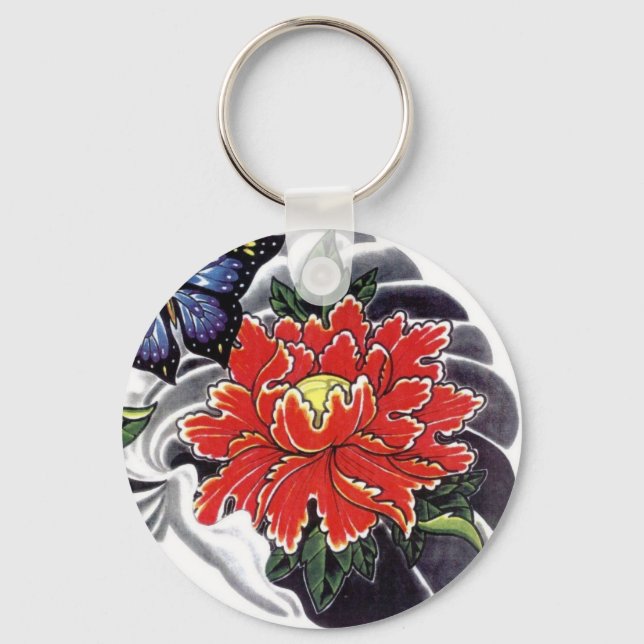 Peony Flower Japanese tattoo design Key Ring (Front)