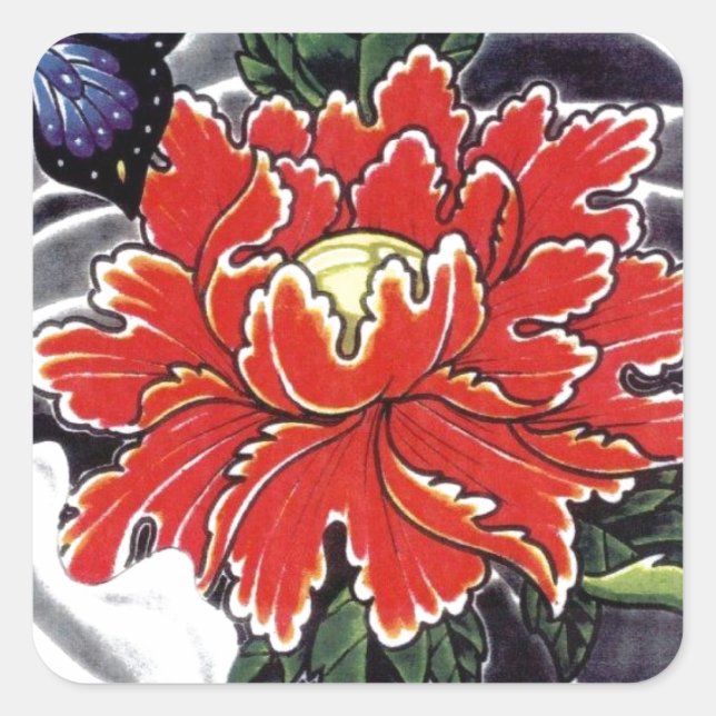 Peony Flower Japanese tattoo design Square Sticker (Front)
