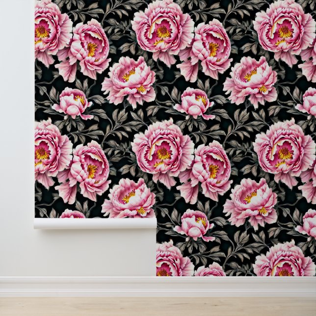 Peony flower pattern pink black gold large floral wallpaper (Application)