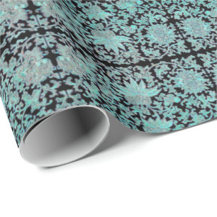 Peony flower turquoise and black wrapping paper