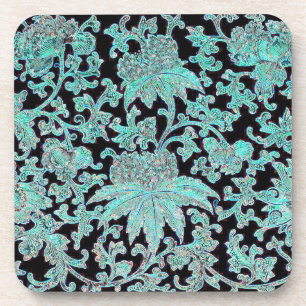 Peony flower turquoise black vintage pattern coaster