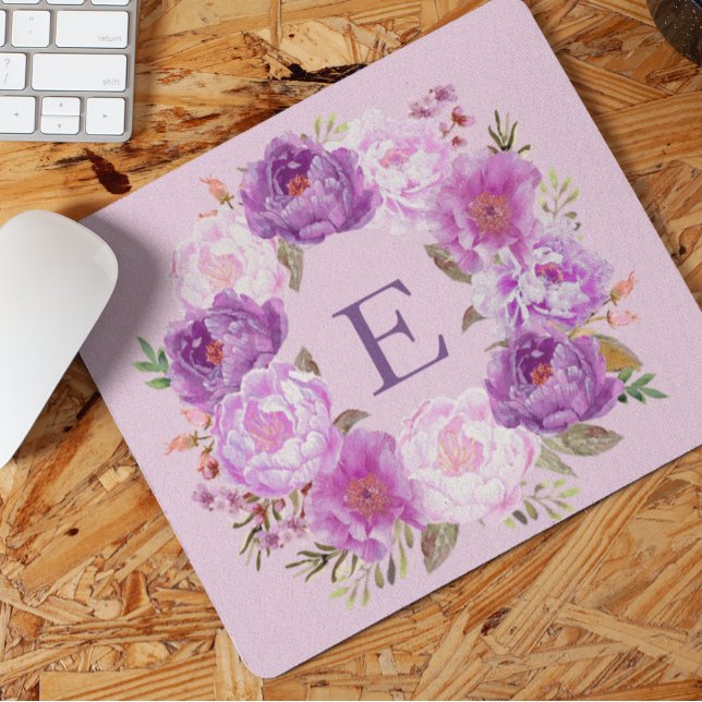 Peony Flower Wreath Watercolor Monogram Purple  Mouse Mat (Creator Uploaded)