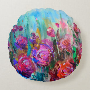 Peony flowering shrub, modern paintings, oil on ca round cushion