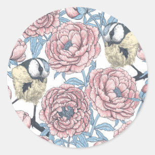 Peony flowers and birds classic round sticker