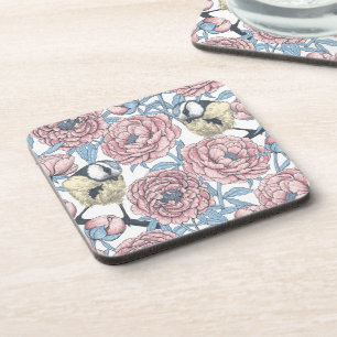 Peony flowers and birds coaster