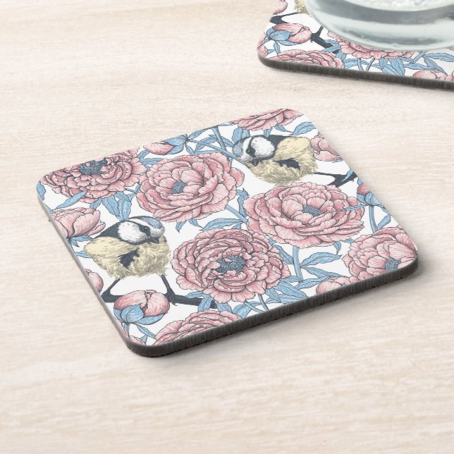 Peony flowers and birds coaster (Left Side)