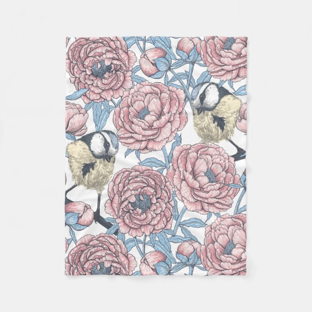 Peony flowers and birds fleece blanket (Front)