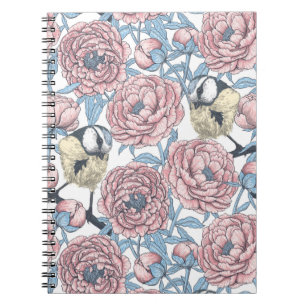 Peony flowers and birds notebook