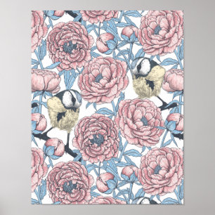 Peony flowers and birds poster