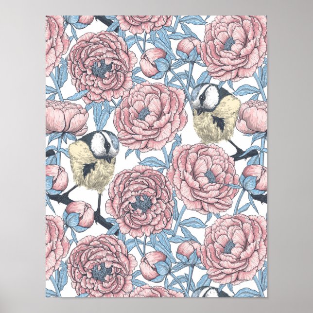 Peony flowers and birds poster (Front)