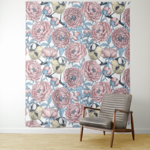 Peony flowers and birds tapestry