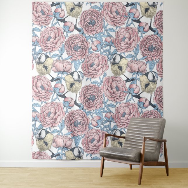 Peony flowers and birds tapestry (In Situ)