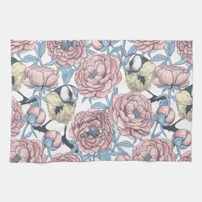 Peony flowers and birds tea towel (Horizontal)
