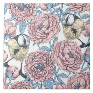 Peony flowers and birds tile