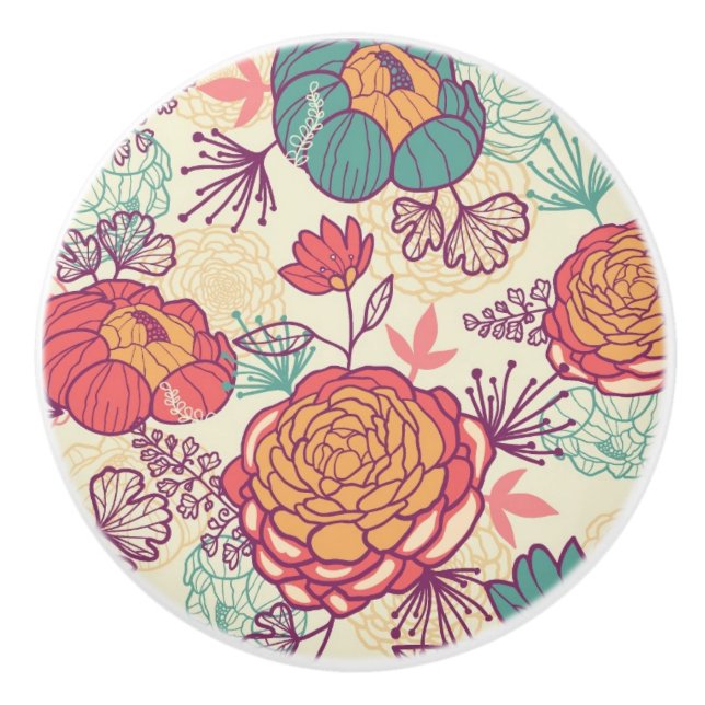 Peony flowers and leaves pattern ceramic knob (Front)