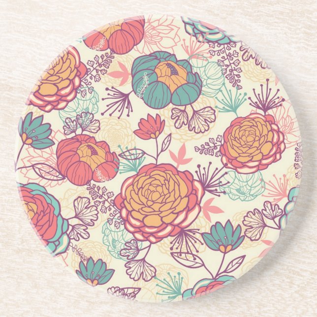 Peony flowers and leaves pattern coaster (Front)