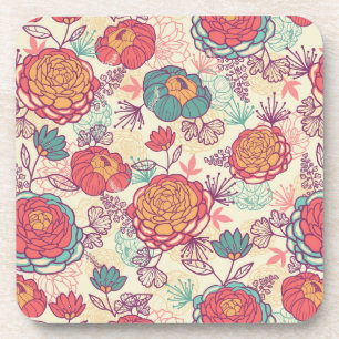 Peony flowers and leaves pattern coaster
