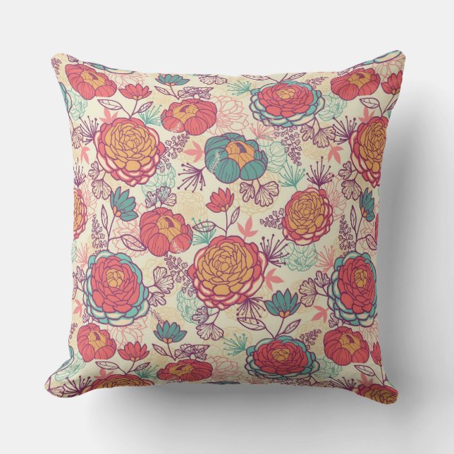Peony flowers and leaves pattern cushion (Front)