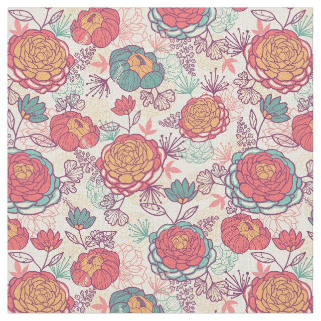 Peony flowers and leaves pattern fabric (Close Up)