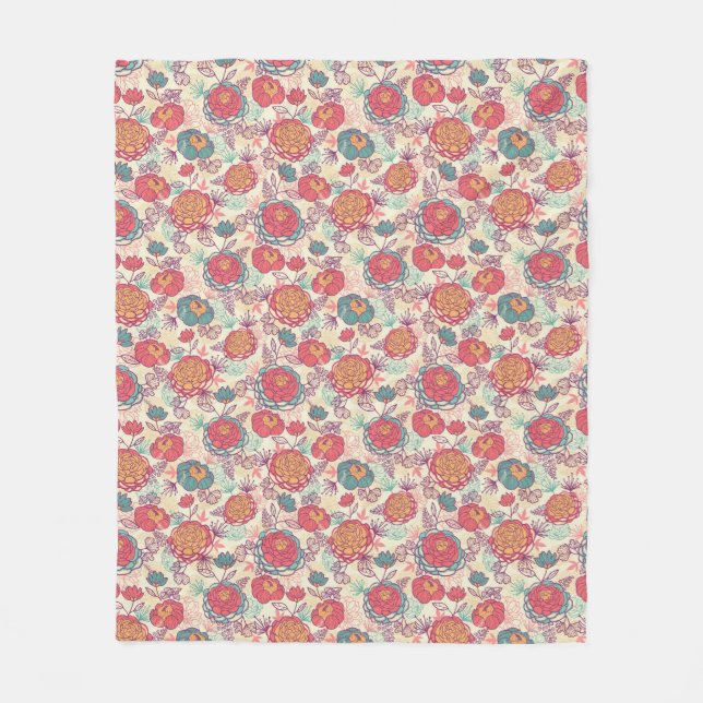 Peony flowers and leaves pattern fleece blanket (Front)