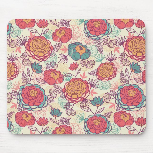 Peony flowers and leaves pattern mouse mat (Front)
