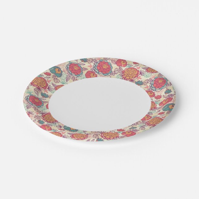 Peony flowers and leaves pattern paper plate (Angled)