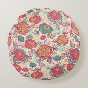 Peony flowers and leaves pattern round cushion