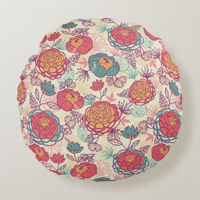Peony flowers and leaves pattern round cushion (Front)