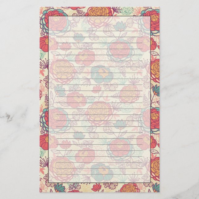 Peony flowers and leaves pattern stationery (Front)