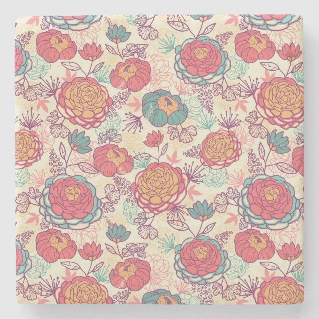 Peony flowers and leaves pattern stone coaster (Front)