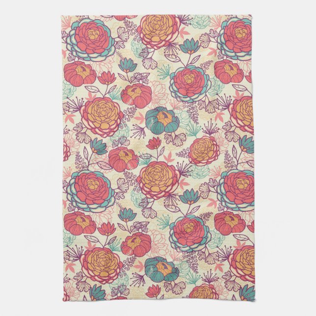 Peony flowers and leaves pattern tea towel (Vertical)