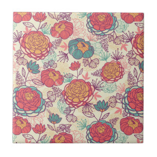 Peony flowers and leaves pattern tile