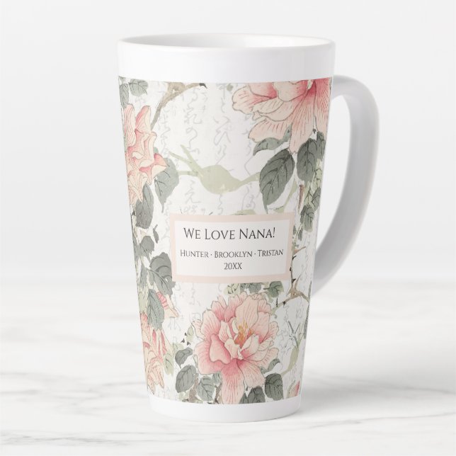 Peony Flowers Asian Influence Blush Pink Nana Name Latte Mug (Right Angle)