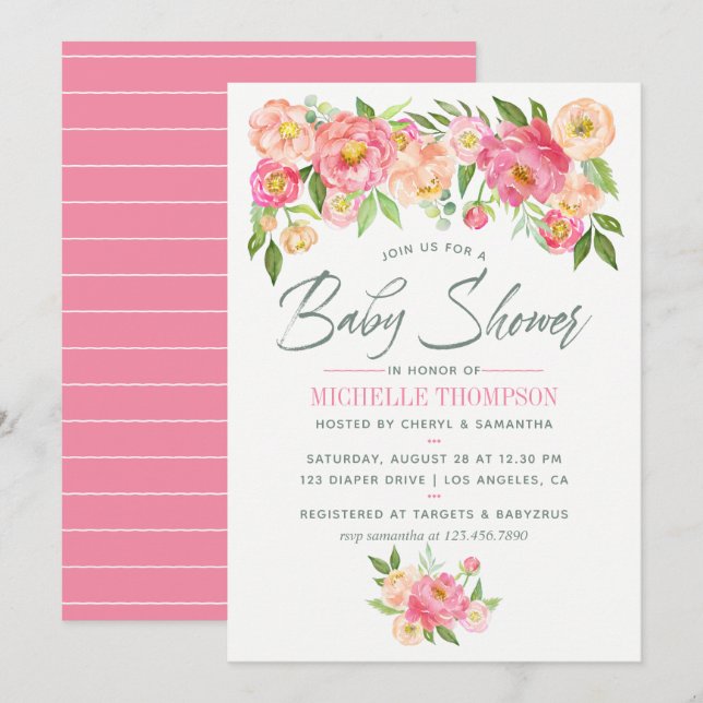 Peony flowers Baby Shower invitation (Front/Back)