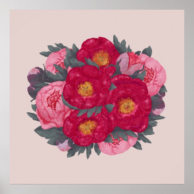 Peony Flowers Bouquet Botanical Red Pink Poster (Front)