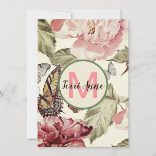 Peony Flowers & Butterflies with Monogram Flat Thank You Card