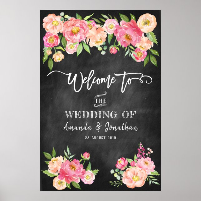 Peony Flowers Chalkboard Welcome To Our Wedding Poster (Front)
