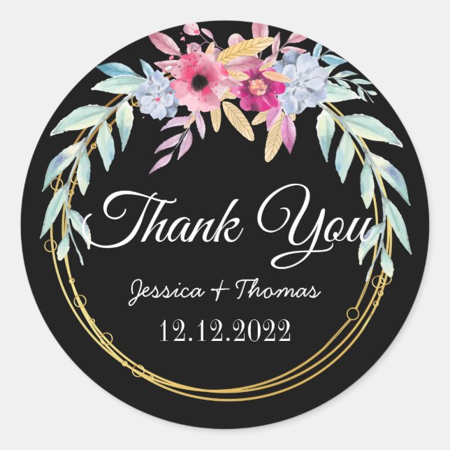 Peony Flowers Geometric  Thank You Wedding Favour Classic Round Sticker (Front)