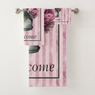 Peony Flowers in Pottery with Striped Background  Bath Towel Set