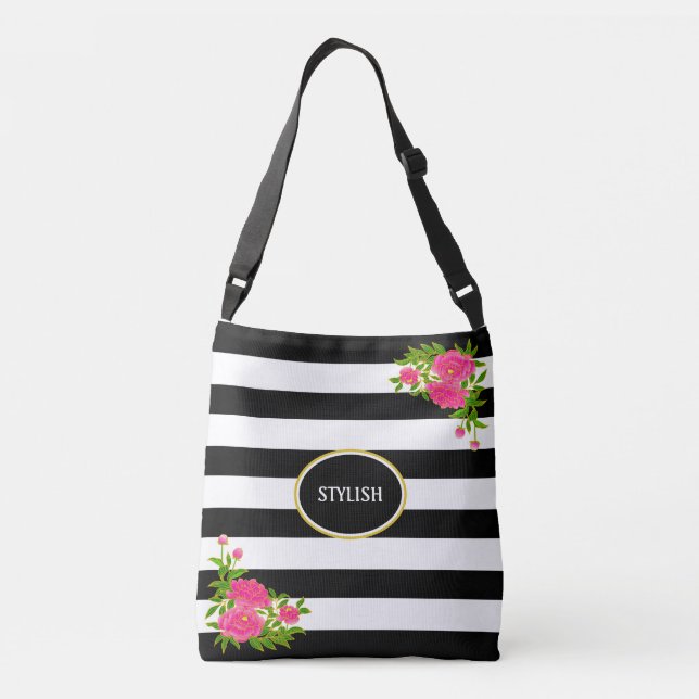 Peony flowers on black & white striped crossbody bag (Back)