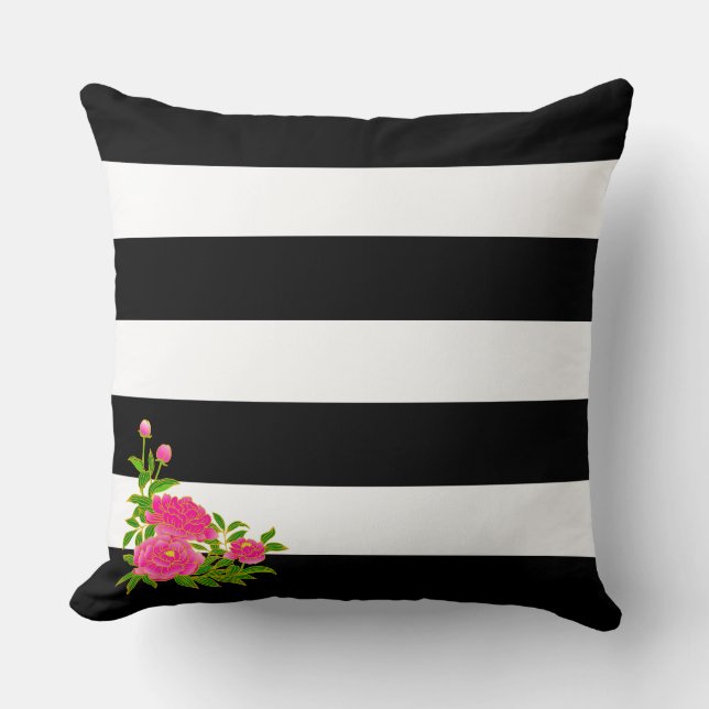 Peony flowers on black & white striped cushion (Front)