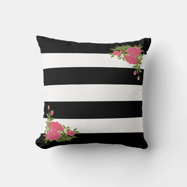 Peony flowers on black & white striped cushion (Front)