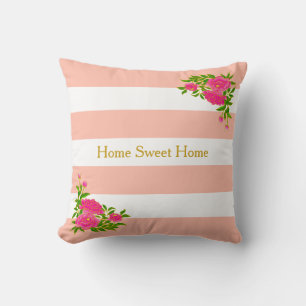Peony flowers on coral pink & white striped cushion