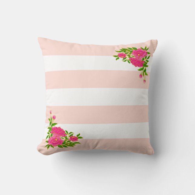 Peony flowers on light pink & white striped cushion (Front)