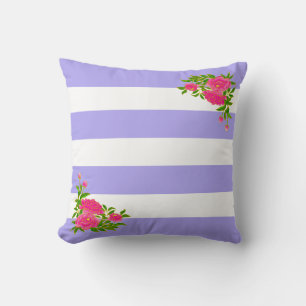Peony flowers on periwinkle & white striped cushion