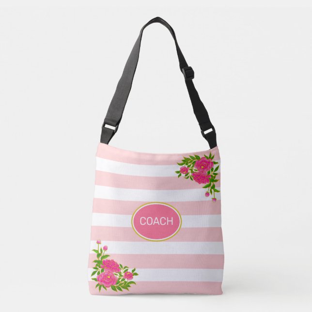 Peony flowers on pink & white striped crossbody bag (Front)