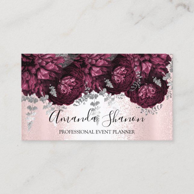 Peony Flowers Pink Silver  Logo Event Planner    Business Card (Front)