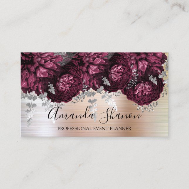 Peony Flowers Rose Silver Logo Event Planner   Business Card (Front)